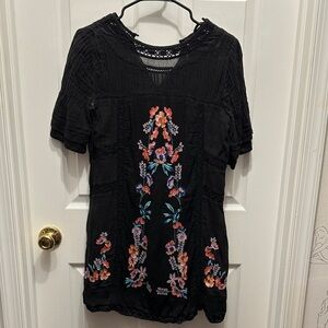 Free People Black Blouse with Colorful Floral Embroidery